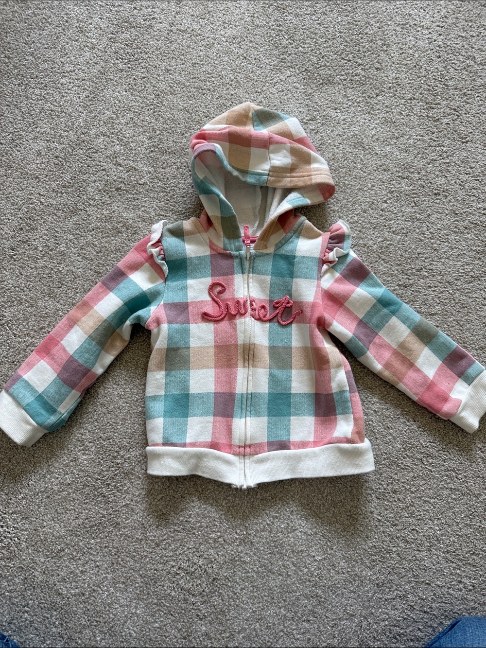 Kids Plaid Hooded Zip-Up Jacket with 'Sweet' Embroidery - Pink, Teal & Cream